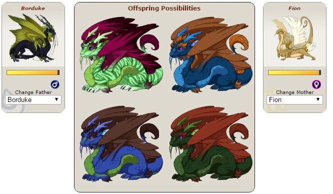 An image of the interface where you can predict the offspring of two dragons. The male is to the left, there are 4 hatchling possibilities in the middle, and the female is to the right.