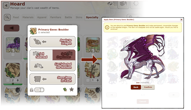 An image showing the hoard's specialty tab and the interface that appears when you click on a gene scroll in it.